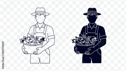 farmer holding basket of flowers, flower seller, agricultural worker, illustration, icon, line drawing, for web design, for app, for social media isolated on Transparent Background