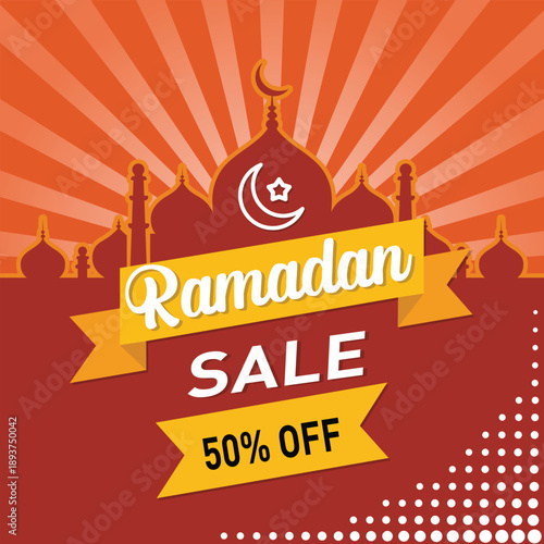 Ramadan Sale announcement with fifty percent off offer and mosque silhouette illustration