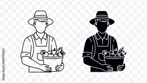 Farmer holding basket of vegetables, agricultural worker icon, gardening illustration, outline and solid styles, for design or branding isolated on Transparent Background