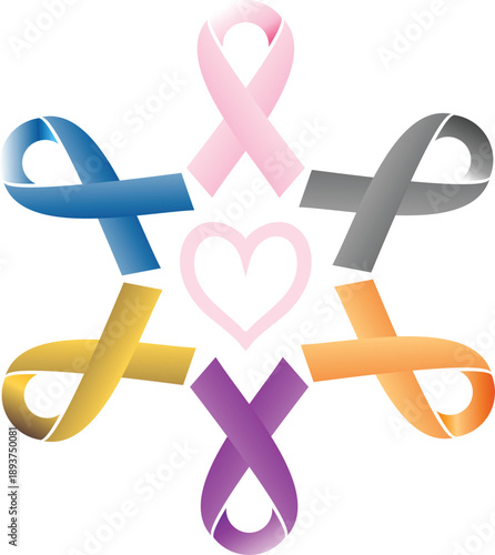 Diverse Colored Awareness Ribbons Interconnected in a Circle with Pink Heart Symbol