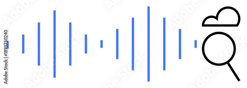 Blue soundwaves next to a magnifying glass with cloud design. Ideal for technology, sound processing, research, audio recognition, communication, AI, and innovation. Simple flat metaphor
