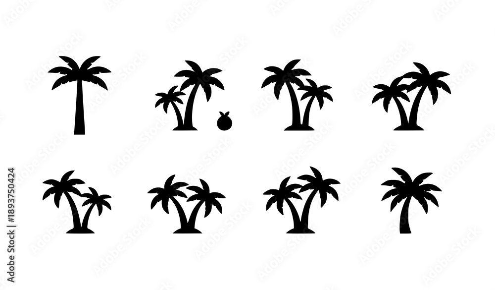 Fototapeta premium Minimal tropical palm tree icons flat black vector silhouette set isolated on white