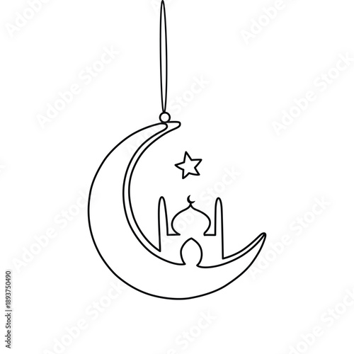 Stylized Islamic crescent moon with mosque silhouette and star ornament hanging suspended on a string