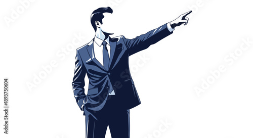 A man in a suit points forward with his right hand, indicating direction and leadership.
