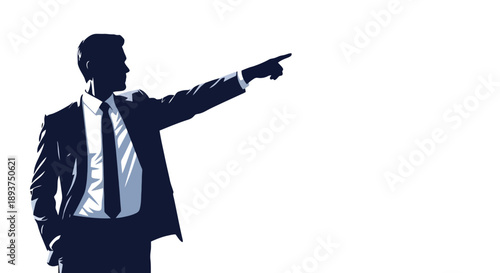 Silhouette of a businessman in a suit pointing forward with his right hand, indicating direction or leadership.