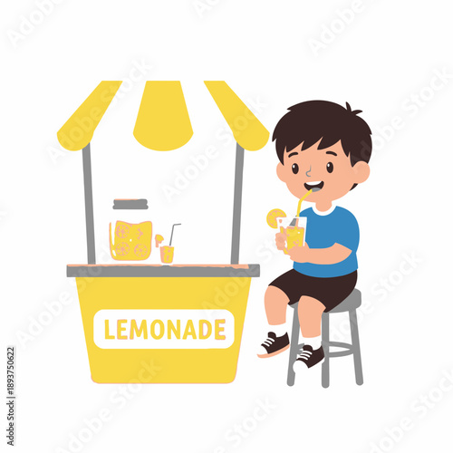 Lemonade Stand Illustration – Cute Kid Selling Lemonade for Summer, Business & Kids Design