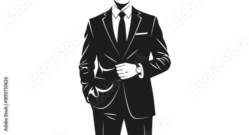 A man in a sharp black suit with a white shirt and tie, standing confidently with one hand in his pocket and the other adjusting his jacket.