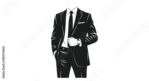 A man in a sharp black suit with a white shirt and tie, holding his hand in his pocket and adjusting his jacket.