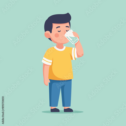 Boy Drinking Water Illustration – Child Hydration and Healthy Lifestyle Cartoon for Education & Wellness Design
