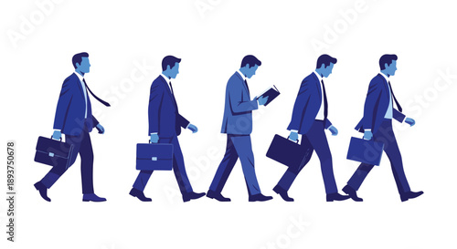 A line of businessmen in blue suits walking in the same direction, one reading a book.