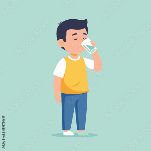 Boy Drinking Water Illustration – Child Hydration and Healthy Lifestyle Cartoon for Education & Wellness Design