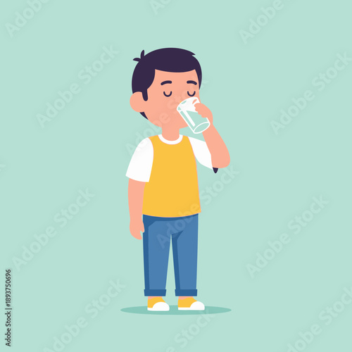Boy Drinking Water Illustration – Child Hydration and Healthy Lifestyle Cartoon for Education & Wellness Design