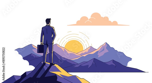 A businessman in a suit stands on a mountain peak, holding a briefcase and looking at the sunrise over a majestic mountain range.