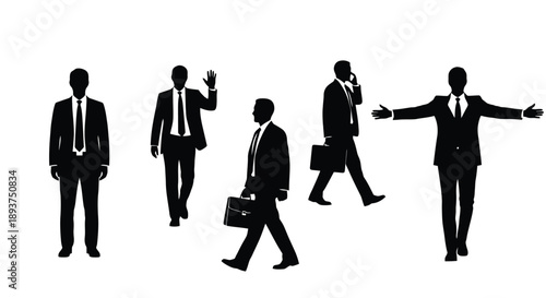 Silhouettes of businessmen in suits, engaged in various activities like walking, waving, and talking on the phone, against a white background.