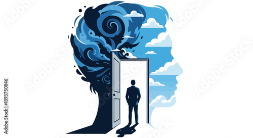 A silhouette of a man stands in an open doorway, stepping from a dark, swirling vortex of blues and blacks into a bright, cloudy sky within the profile of a human head.