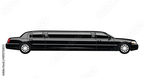 A sleek, black limousine with tinted windows is shown in a side profile against a white background.