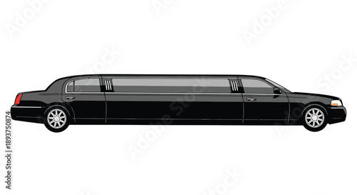 A sleek, black limousine with tinted windows is depicted in a side profile against a white background, showcasing its extended length and luxurious design.
