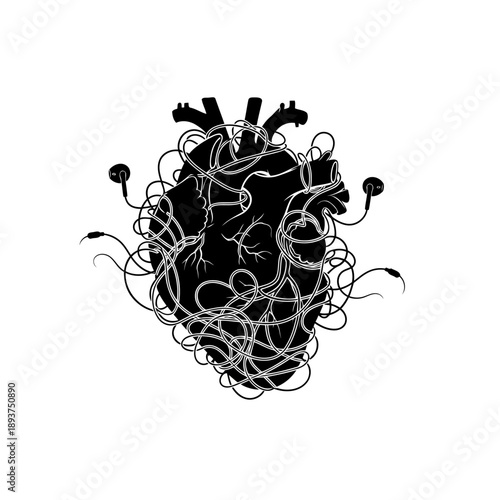 A black and white illustration of a heart tangled in earbuds and cords