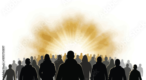 A large group of silhouetted people walking towards a bright, radiant light source, symbolizing hope or a new beginning.