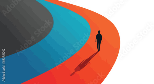 A lone silhouette walks down a vibrant, winding path, casting a long shadow against a stark white background.