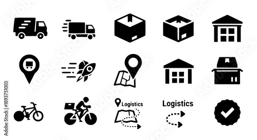 Logistics and Delivery Service Icon Collection Featuring Shipping Trucks Cargo Boxes Warehouses and Global Tracking Symbols