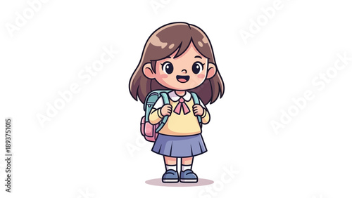 Young Cartoon Schoolgirl with Backpack Standing.