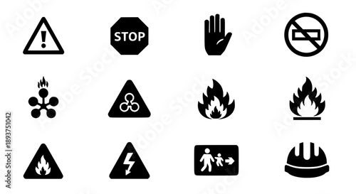 Industrial Safety and Hazard Warning Icon Collection Featuring Fire Danger High Voltage and Occupational Health Symbols