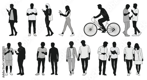 Collection of Silhouetted Figures Engaged in Various Activities Such as Walking, Cycling, and Using Mobile Devices.