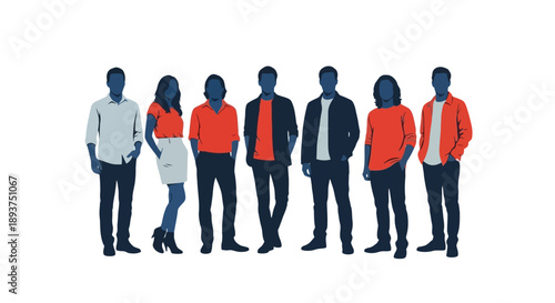 A diverse group of seven young adults, both male and female, stand together in a line against a white background, dressed in casual and business-casual attire.