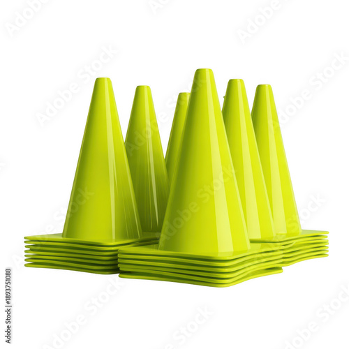 A neat stack of vibrant, neon-yellow plastic training cones, essential for marking out drills and courses in various sports and athletic activities on a transparent background.