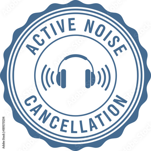 Active Noise Cancellation Badge Icon with Headphones in Blue Circular Stamp Design