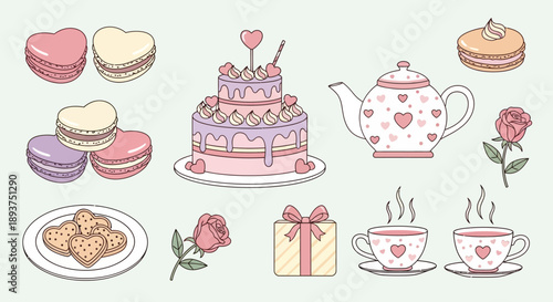 A collection of cute pastel illustrations featuring heart-shaped macarons, a tiered cake, teapot, teacups, cookies, roses, and a gift box, perfect for Valentine's Day or a sweet tea party.