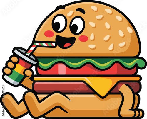 Burger Cartoon Fastfood Drink Soda Mascot Cute Food Character Fun
