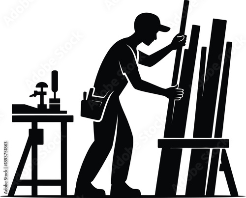 Woodworker Boards Handling Workshop Industry Craftsmanship Labor Timber Tools Stacking