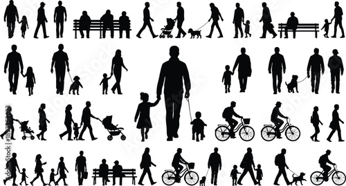 Collection of Black Silhouettes of People Walking and Cycling Keywords: people, silhouette, walking, cycling, dog, stroller