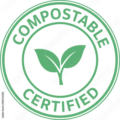 Certified Compostable Eco Label Badge with Green Leaf Icon for Sustainable Packaging and Products