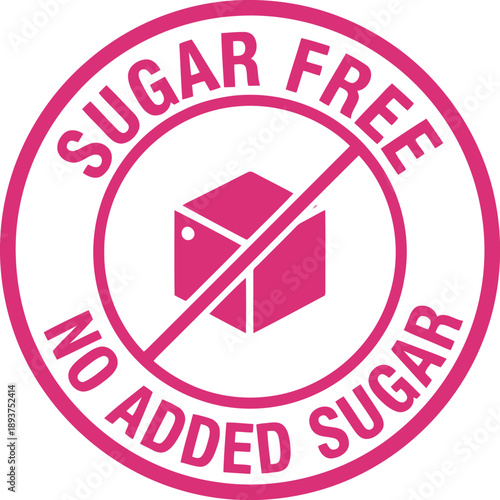Sugar Free No Added Sugar Icon Badge – Healthy Food Label, Pink Circular Stamp for Packaging