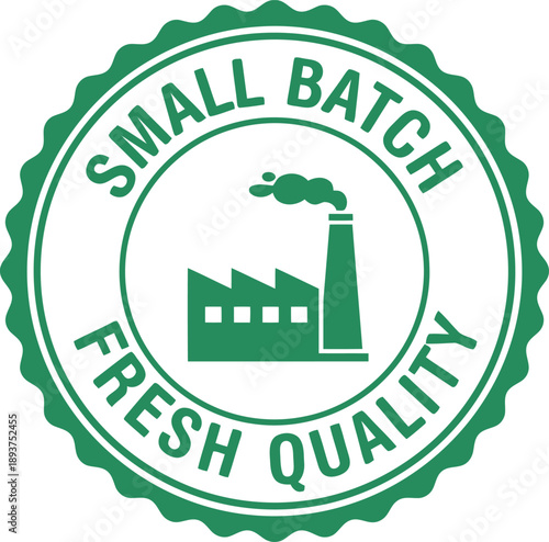 Small Batch Fresh Quality Badge Icon – Green Factory Seal for Artisanal Food Packaging and Branding
