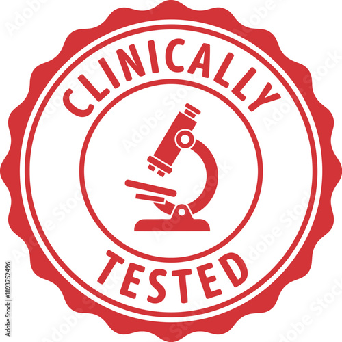 Red Clinically Tested Badge with Microscope Icon for Medical Certification and Product Approval