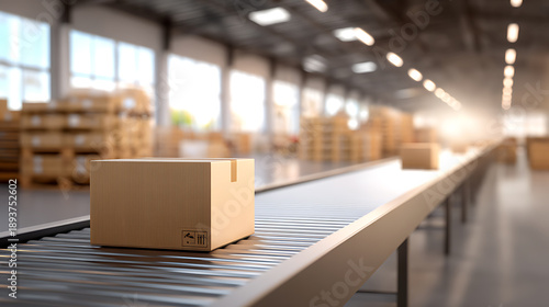 Conveyor belt with cardboard boxes in modern warehouse. Logistic and shipping center with sunlight and industrial shelves.
