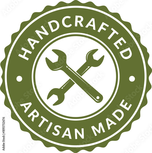 Handcrafted Artisan Made Badge Logo with Wrench Tools in Vintage Green Seal Design