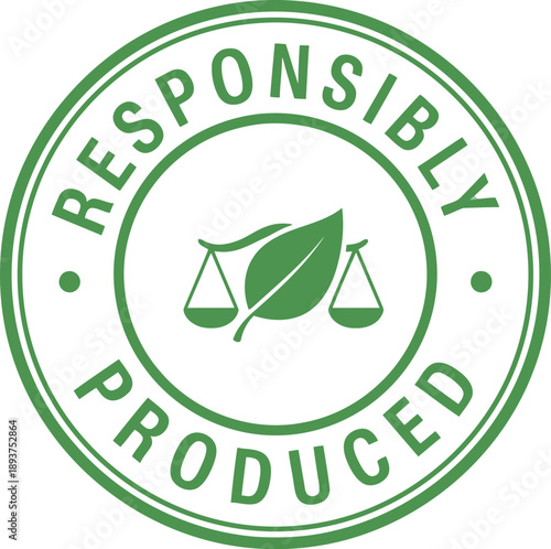 Green Responsibly Produced Badge with Leaf and Scales for Ethical Sustainable Product Labeling