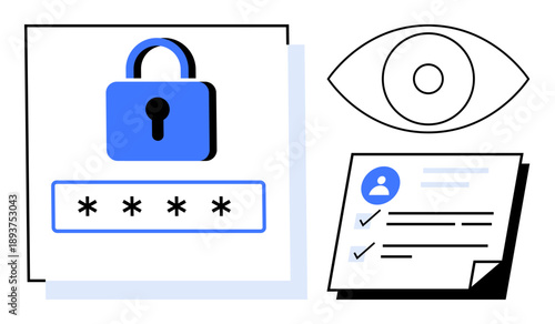 Padlock above password field, open eye symbol, user profile with verification checklist. Ideal for online safety, privacy, authentication, cybersecurity, data protection, identification digital