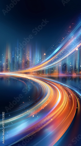Smart city skyline with flowing data lines, digital technology and modern urban network concept
