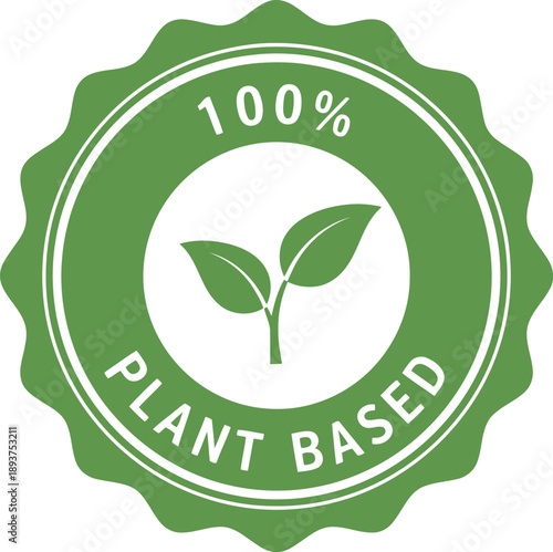 Green 100 Percent Plant Based Vegan Badge Icon for Organic Food and Eco-Friendly Product Labeling