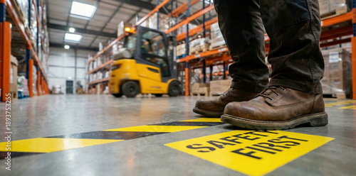 Worker in safety boots standing on a 'SAFETY FIRST' sign on a warehouse floor with a forklift in the background, emphasizing workplace safety and caution.