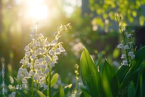 Sunlight highlights the delicate, white lily of the valley flowers, growing amidst lush greenery