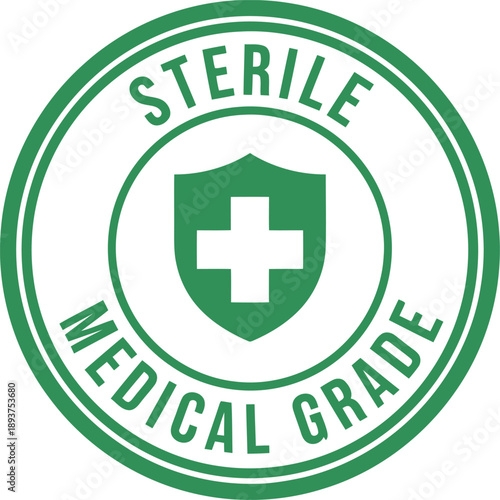 Sterile Medical Grade Badge Icon with Green Shield and Cross for Healthcare Packaging and Safety Labels