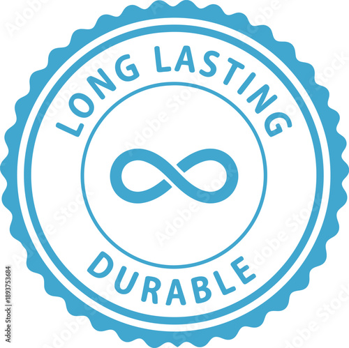 Blue Durable Long Lasting Badge Icon with Infinity Symbol for Quality Guarantee and Endurance