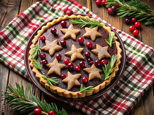 Festive star-shaped cranberry tart adorned with rosemary and berries on a rustic wooden table